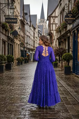 blue georgette free size stitched navratri anarkali with bandhani & kutchi patchework