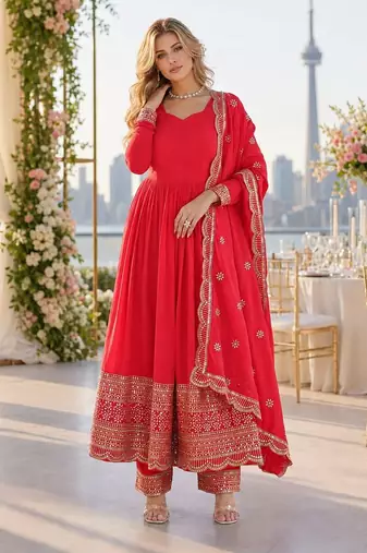 red vichitra readymade anarkali suit with embroidery & sequence work