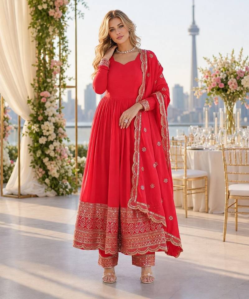 red vichitra readymade anarkali suit with embroidery & sequence work