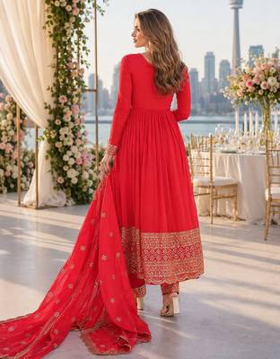 red vichitra readymade anarkali suit with embroidery & sequence work 2