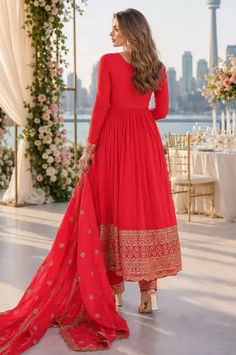 red vichitra readymade anarkali suit with embroidery & sequence work