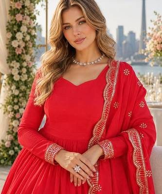 red vichitra readymade anarkali suit with embroidery & sequence work 3