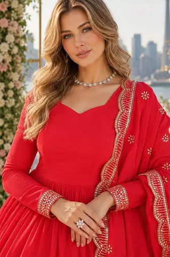 red vichitra readymade anarkali suit with embroidery & sequence work