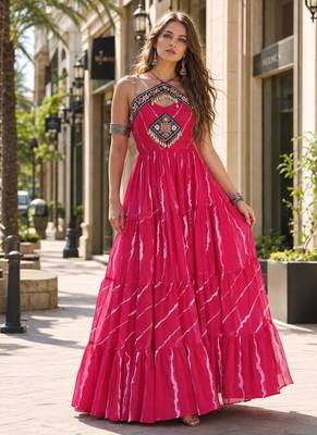 pink georgette free size stitched anarkali suit with laheriya & kutchi work 1