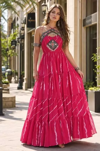 pink georgette free size stitched anarkali suit with laheriya & kutchi work
