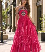 pink georgette free size stitched anarkali suit with laheriya & kutchi work