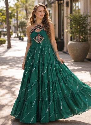 green georgette free size stitched anarkali suit with laheriya & kutchi work 1
