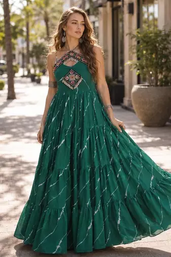 green georgette free size stitched anarkali suit with laheriya & kutchi work