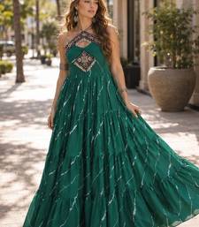 green georgette free size stitched anarkali suit with laheriya & kutchi work