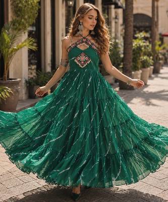 green georgette free size stitched anarkali suit with laheriya & kutchi work 2