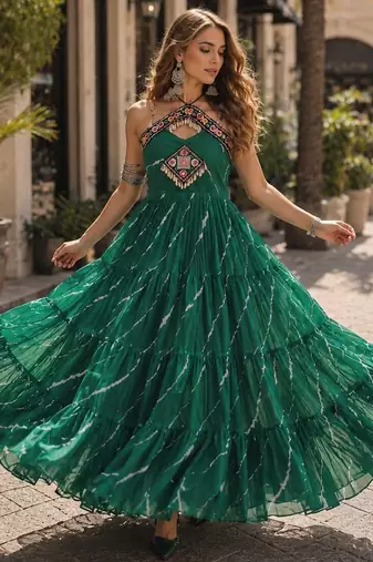 green georgette free size stitched anarkali suit with laheriya & kutchi work