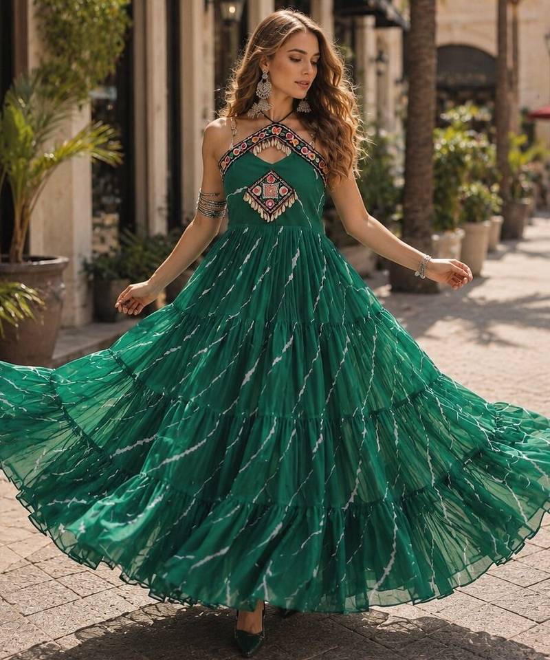 green georgette free size stitched anarkali suit with laheriya & kutchi work