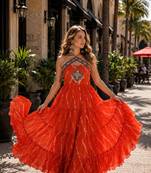 orange georgette free size stitched anarkali suit with laheriya & kutchi work