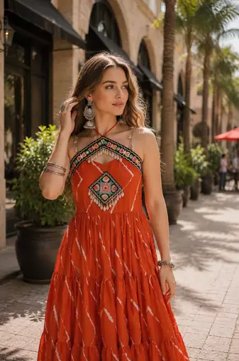 orange georgette free size stitched anarkali suit with laheriya & kutchi work