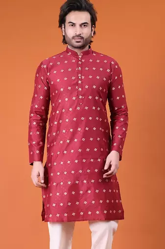 Mens cotton silk woven design with fancy button kurta maroon
