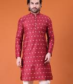 Mens cotton silk woven design with fancy button kurta maroon