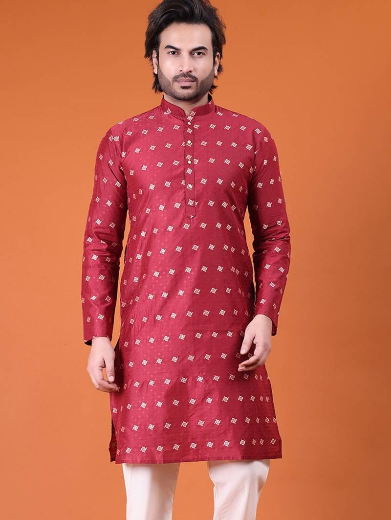Mens cotton silk woven design with fancy button kurta maroon