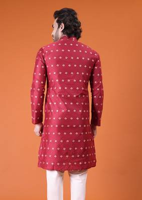 Mens cotton silk woven design with fancy button kurta maroon 2