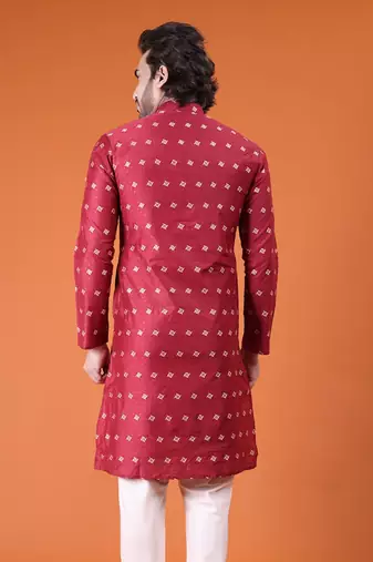 Mens cotton silk woven design with fancy button kurta maroon
