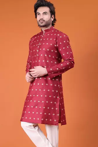 Mens cotton silk woven design with fancy button kurta maroon