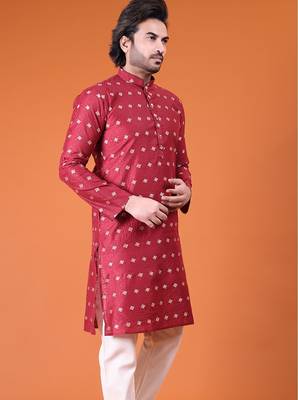 Mens cotton silk woven design with fancy button kurta maroon 5