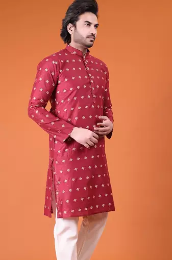 Mens cotton silk woven design with fancy button kurta maroon