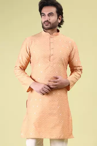 Mens cotton silk woven design with fancy button kurta peacock blue