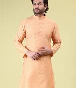 Mens cotton silk woven design with fancy button kurta peacock blue