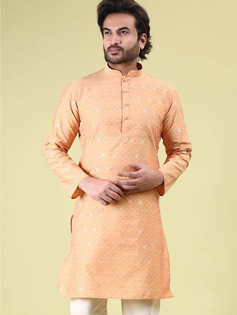 Mens cotton silk woven design with fancy button kurta peacock blue