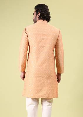 Mens cotton silk woven design with fancy button kurta peacock blue 2