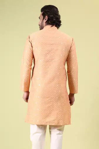 Mens cotton silk woven design with fancy button kurta peacock blue