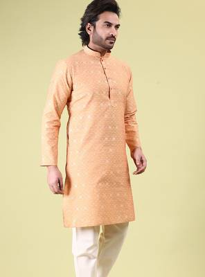 Mens cotton silk woven design with fancy button kurta peacock blue 3