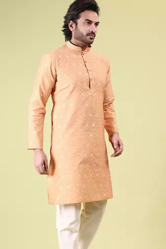 Mens cotton silk woven design with fancy button kurta peacock blue