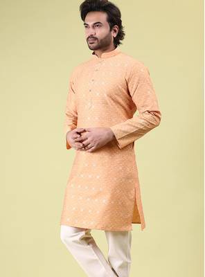 Mens cotton silk woven design with fancy button kurta peacock blue 4
