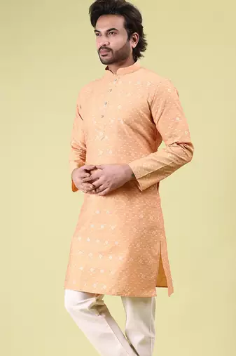 Mens cotton silk woven design with fancy button kurta peacock blue