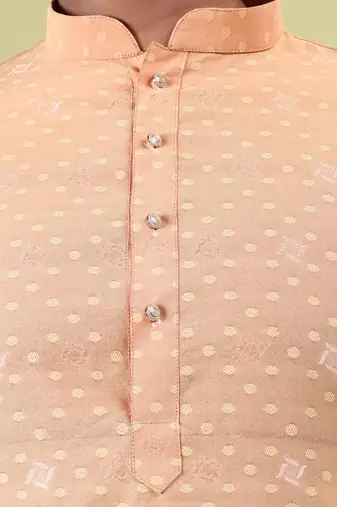 Mens cotton silk woven design with fancy button kurta peacock blue