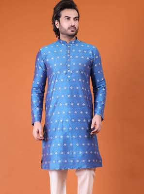 Mens cotton silk woven design with fancy button kurta turquoise 1