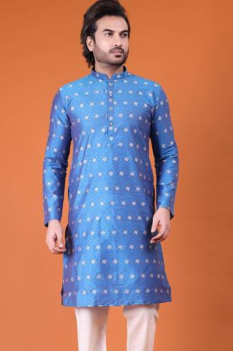 Mens cotton silk woven design with fancy button kurta turquoise