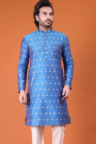 Mens cotton silk woven design with fancy button kurta turquoise