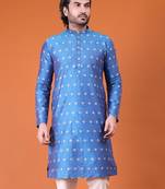 Mens cotton silk woven design with fancy button kurta turquoise