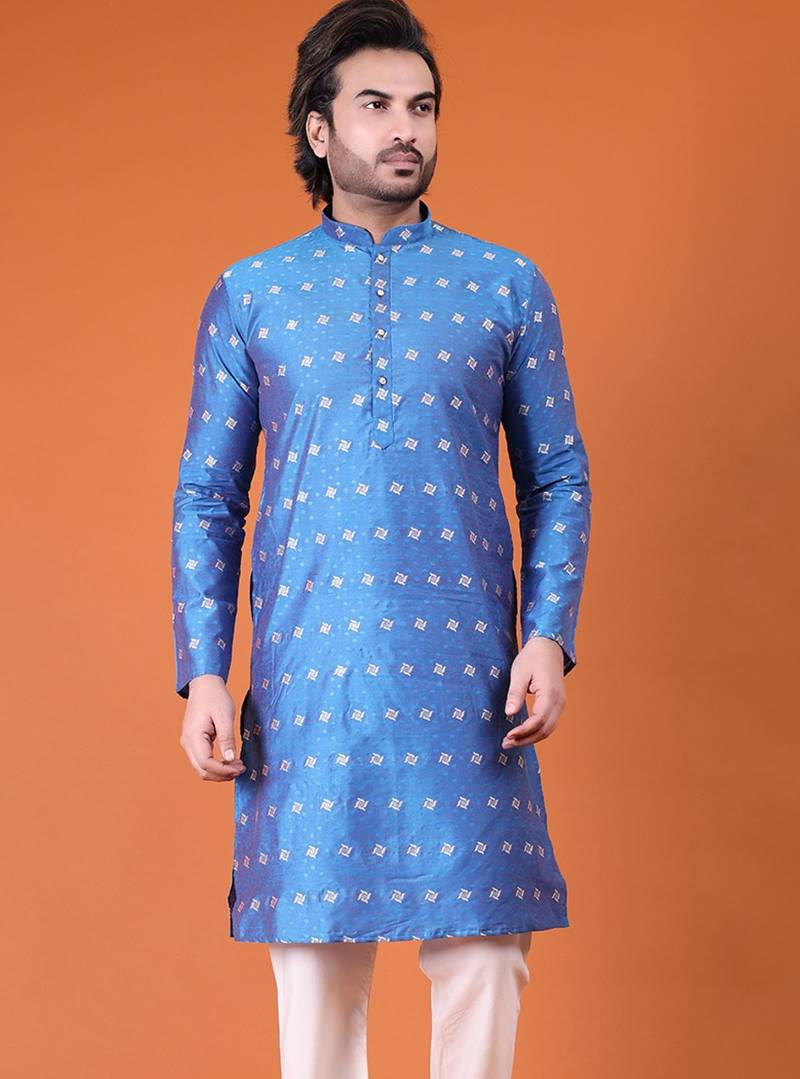 Mens cotton silk woven design with fancy button kurta turquoise