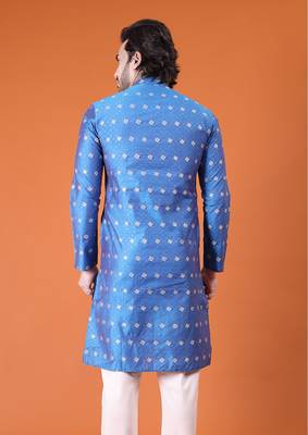 Mens cotton silk woven design with fancy button kurta turquoise 2
