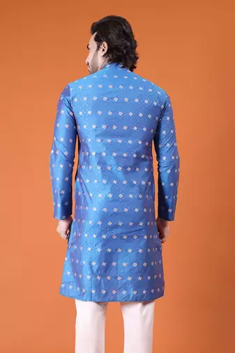 Mens cotton silk woven design with fancy button kurta turquoise