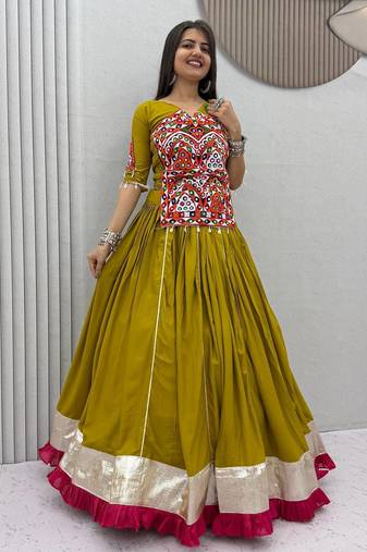 Navratri Special Mustard Yellow Embroidered Chaniya Choli for Women