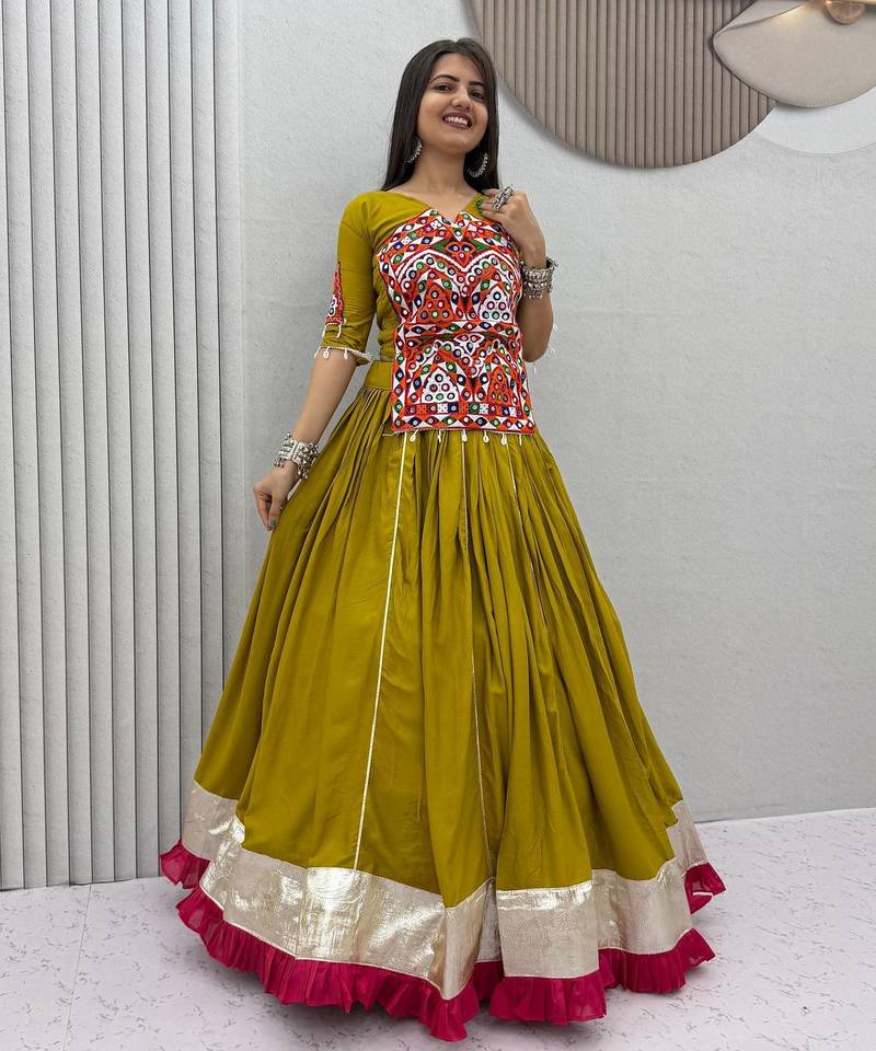 Navratri Special Mustard Yellow Embroidered Chaniya Choli for Women