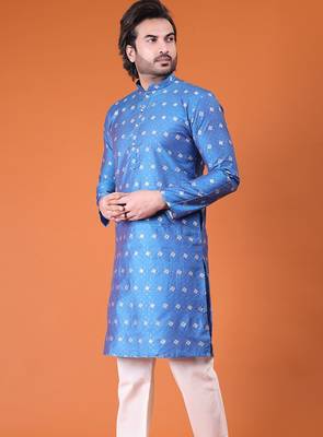 Mens cotton silk woven design with fancy button kurta turquoise 3