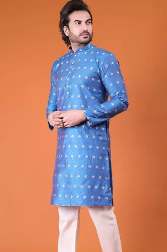 Mens cotton silk woven design with fancy button kurta turquoise