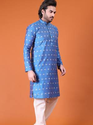 Mens cotton silk woven design with fancy button kurta turquoise 4