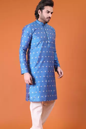 Mens cotton silk woven design with fancy button kurta turquoise