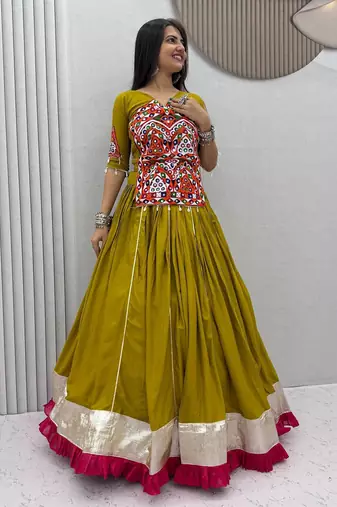 Navratri Special Mustard Yellow Embroidered Chaniya Choli for Women